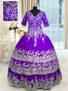 Half Sleeves Zipper Floor Length Beading and Appliques and Ruffled Layers Quinceanera Gown
