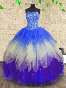 Noble Sweetheart Sleeveless 15 Quinceanera Dress Floor Length Beading and Sequins Multi-color Tulle
