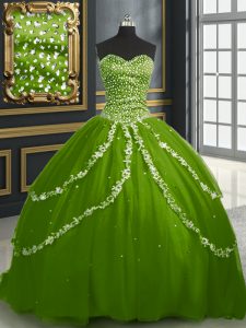 Olive Green Tulle Lace Up Sweetheart Sleeveless With Train Sweet 16 Quinceanera Dress Brush Train Beading and Appliques