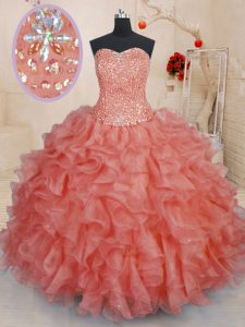 Simple Watermelon Red Organza Lace Up Quince Ball Gowns Sleeveless Floor Length Beading and Ruffles