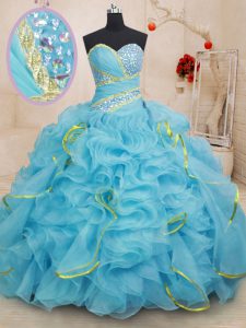 Noble Baby Blue Organza Lace Up Ball Gown Prom Dress Sleeveless With Brush Train Beading and Ruffles