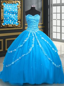 Vintage Aqua Blue Lace Up Quinceanera Dress Beading and Appliques Sleeveless With Brush Train