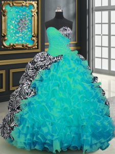 Aqua Blue Ball Gowns Beading and Ruffles and Pattern Vestidos de Quinceanera Lace Up Organza and Printed Sleeveless With Train