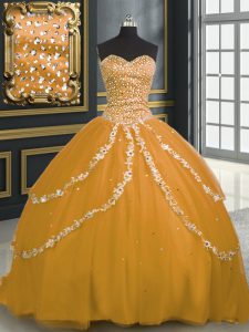 Gold Lace Up Quinceanera Dress Beading and Appliques Sleeveless With Brush Train