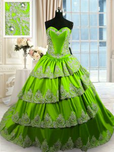 Sleeveless Court Train Beading and Appliques and Ruffled Layers Lace Up Sweet 16 Quinceanera Dress