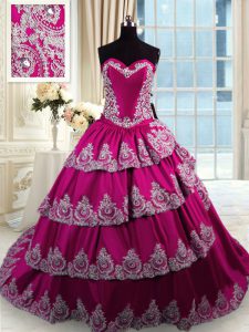 Ruffled Court Train Ball Gowns Ball Gown Prom Dress Fuchsia Sweetheart Taffeta Sleeveless With Train Lace Up