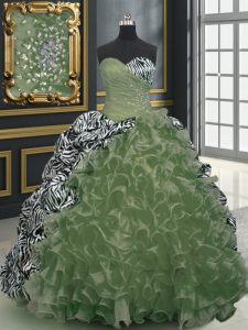 Printed With Train Lace Up Quinceanera Dresses Olive Green for Military Ball and Sweet 16 and Quinceanera with Beading and Ruffles and Pattern Brush Train