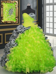 Sweetheart Sleeveless Organza and Printed Quinceanera Gown Beading and Ruffles and Pattern Brush Train Lace Up