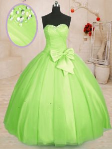 Customized Sleeveless Tulle Floor Length Lace Up 15 Quinceanera Dress in Yellow Green with Beading and Bowknot