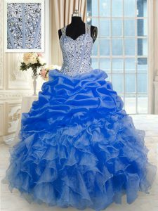 Pick Ups Straps Sleeveless Zipper Sweet 16 Quinceanera Dress Royal Blue Organza