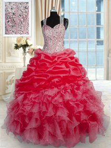 Luxurious Beading and Ruffles Quinceanera Gown Red Zipper Sleeveless Floor Length