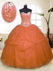 Traditional Orange Ball Gowns Tulle Sweetheart Sleeveless Sequins and Pick Ups Floor Length Zipper Sweet 16 Dresses