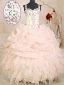 Classical Pick Ups Ball Gowns Sweet 16 Quinceanera Dress Pink Straps Organza Sleeveless Floor Length Zipper