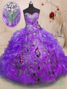 Purple Zipper Sweetheart Beading and Appliques and Ruffles Ball Gown Prom Dress Organza Sleeveless