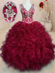 Great Floor Length Wine Red Ball Gown Prom Dress V-neck Sleeveless Zipper