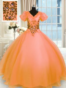 Luxury Floor Length Orange Sweet 16 Dresses V-neck Short Sleeves Lace Up