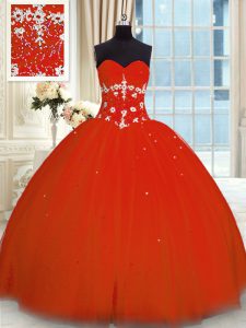 Classical Red Sweet 16 Dress Military Ball and Sweet 16 and Quinceanera and For with Appliques Sweetheart Sleeveless Lace Up