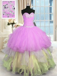 Amazing Sleeveless Organza Floor Length Lace Up Quinceanera Gowns in Multi-color with Appliques and Ruffled Layers