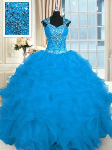 Exceptional Aqua Blue Ball Gowns Beading and Ruffles 15th Birthday Dress Lace Up Organza Cap Sleeves Floor Length