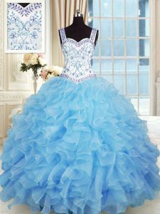 Nice Floor Length Baby Blue Ball Gown Prom Dress Organza Sleeveless Beading and Appliques and Ruffles