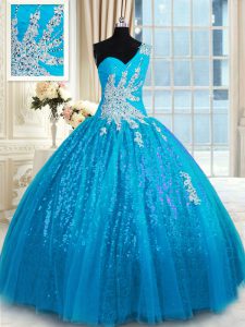 Sumptuous One Shoulder Floor Length Baby Blue Sweet 16 Quinceanera Dress Tulle and Sequined Sleeveless Appliques