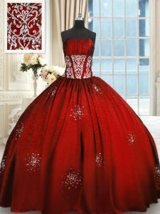 Low Price Wine Red Ball Gowns Strapless Sleeveless Taffeta Floor Length Lace Up Beading and Appliques and Ruching Sweet 16 Dresses