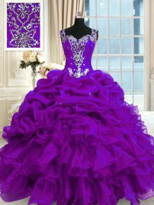Most Popular Sleeveless Floor Length Beading and Ruffles and Pick Ups Lace Up Quinceanera Dresses with Purple
