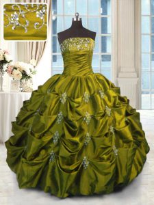 Affordable Floor Length Green Quinceanera Gown Taffeta Sleeveless Beading and Appliques and Embroidery and Pick Ups