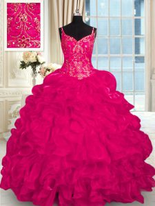 Amazing Hot Pink Spaghetti Straps Neckline Beading and Embroidery and Ruffles Quinceanera Dresses Sleeveless Lace Up