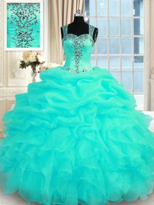 Organza Straps Sleeveless Zipper Beading and Ruffles Quinceanera Dress in Turquoise