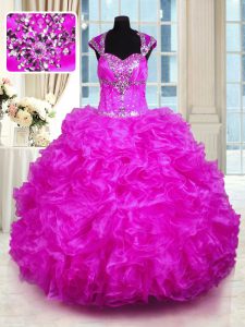Organza Straps Cap Sleeves Lace Up Beading and Ruffles Quinceanera Dress in Fuchsia