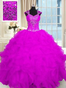 Floor Length Ball Gowns Cap Sleeves Fuchsia Sweet 16 Quinceanera Dress Lace Up