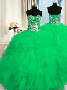Floor Length Turquoise Quinceanera Dress Organza Sleeveless Beading and Ruffles