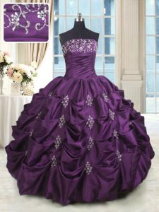 Pick Ups Floor Length Dark Purple Sweet 16 Dresses Strapless Sleeveless Lace Up