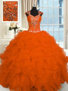 Eye-catching Orange Red Straps Lace Up Beading and Ruffles Quinceanera Dresses Cap Sleeves