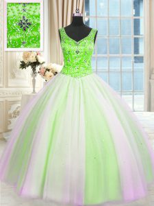 Designer Multi-color V-neck Lace Up Beading and Sequins Quince Ball Gowns Sleeveless