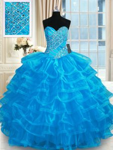 Blue 15th Birthday Dress Military Ball and Sweet 16 and Quinceanera and For with Beading and Ruffled Layers Sweetheart Sleeveless Lace Up