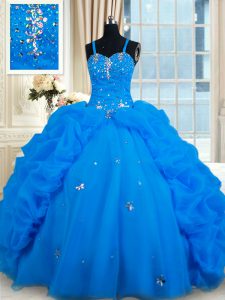 Extravagant Blue Organza Lace Up Spaghetti Straps Sleeveless Floor Length Quinceanera Gown Beading and Pick Ups