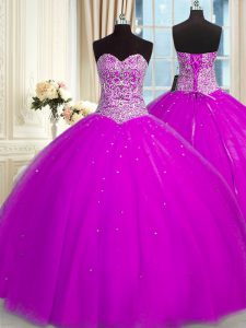 Cheap Sleeveless Organza Floor Length Lace Up 15th Birthday Dress in Fuchsia with Beading and Sequins