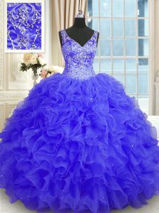 Floor Length Purple Quinceanera Gown Organza Sleeveless Beading and Ruffles