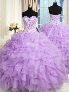 Elegant Lilac Quinceanera Dress Military Ball and Sweet 16 and Quinceanera and For with Beading and Ruffles Sweetheart Sleeveless Lace Up