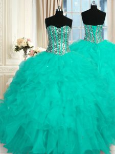 Top Selling Floor Length Aqua Blue Quince Ball Gowns Sweetheart Sleeveless Lace Up
