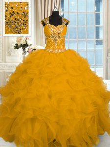Unique Floor Length Ball Gowns Cap Sleeves Gold Sweet 16 Dress Lace Up