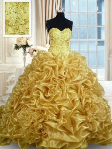 Gold Quinceanera Gowns Military Ball and Sweet 16 and Quinceanera and For with Beading and Pick Ups Sweetheart Sleeveless Sweep Train Lace Up