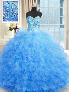 Modern Sweetheart Sleeveless Ball Gown Prom Dress Floor Length Beading and Ruffles Baby Blue Tulle