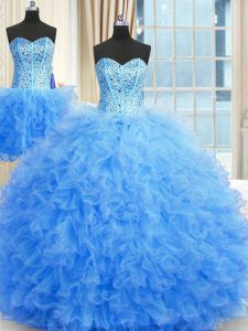 Three Piece Baby Blue Lace Up Quince Ball Gowns Beading and Ruffles Sleeveless Floor Length