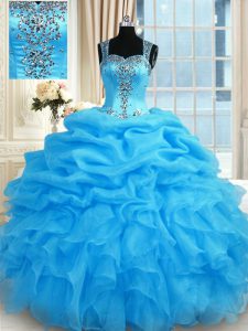 New Style Ball Gowns 15 Quinceanera Dress Baby Blue Straps Organza Sleeveless Floor Length Zipper