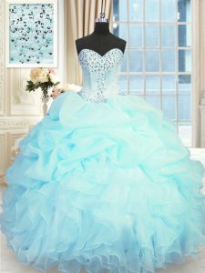 Light Blue Organza Lace Up Sweetheart Sleeveless Floor Length Quince Ball Gowns Beading and Ruffles and Pick Ups