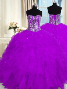 High Quality Sleeveless Organza Floor Length Lace Up 15th Birthday Dress in Purple with Beading and Ruffles
