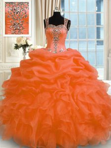 Admirable Organza Straps Sleeveless Zipper Appliques Quinceanera Gown in Orange Red